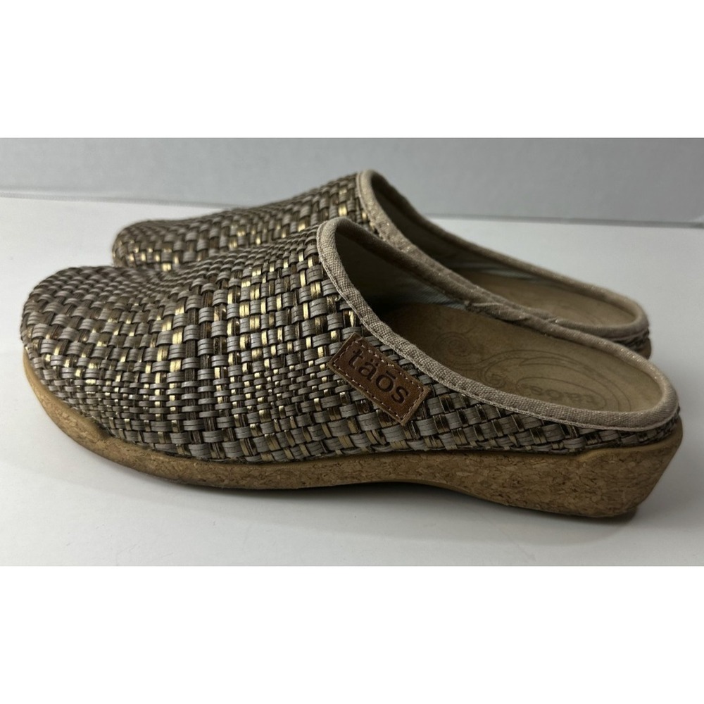 Taos Primavera Woven Leather Tan Bronze Basketweave Clogs Cork Sandals US 8 8.5 - Picture 6 of 13